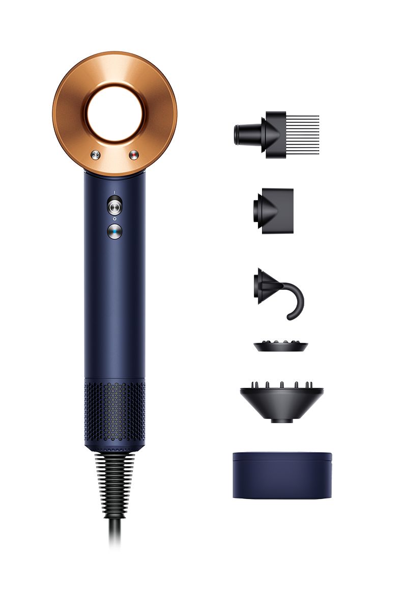 dyson supersonic haartrockner in preußischblau und kupferrot